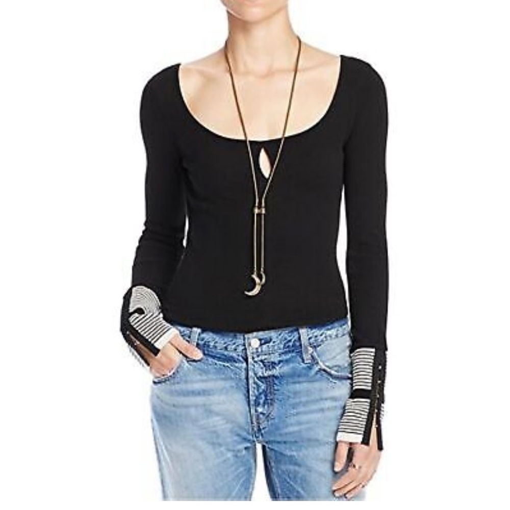 Free people Women’s Boat Neck long Sleeve Mod Stripe Cuff Top Blac Medium